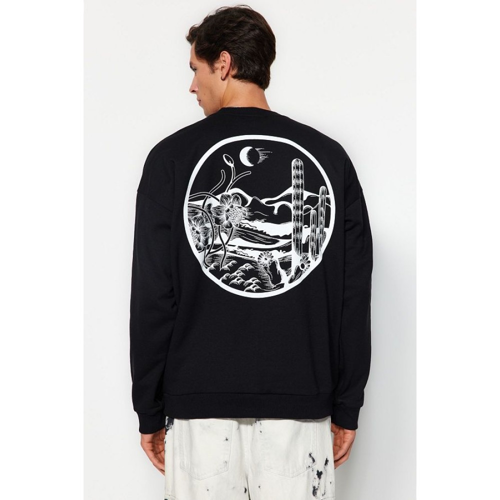 Back-Printed Black Fleece Oversized Cotton Sweatshirt – Crew Neck