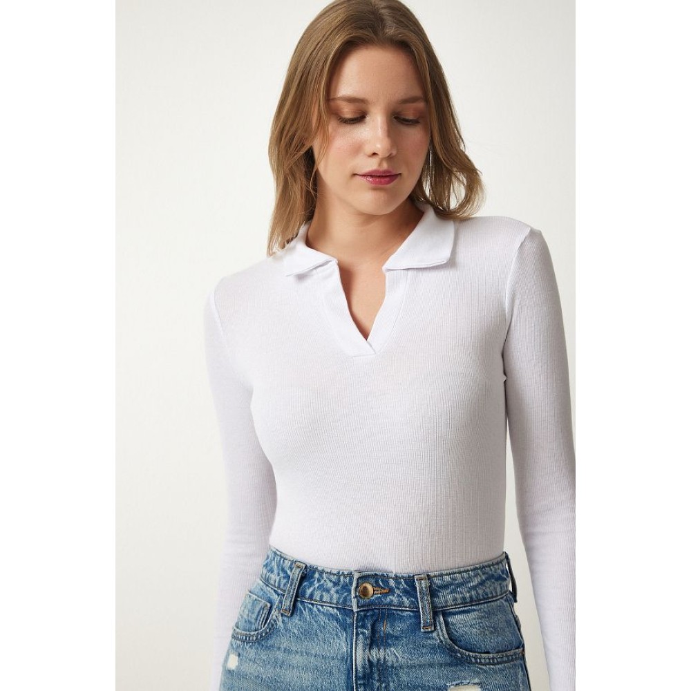 Women's White Polo Neck Corded Knitted Blouse