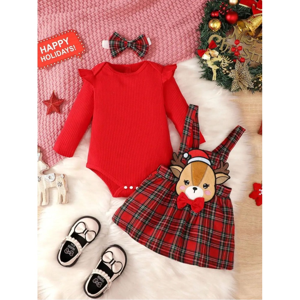 Baby Girls Christmas Deer Plaid Dress Set – Spring & Autumn Long-Sleeved Jumpsuit