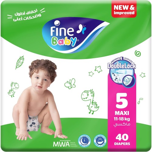 Fine Baby Diapers, Size 5, Maxi (11-18 kg), 40 Diapers – Soft, Absorbent & Leak-Proof