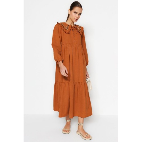 Cinnamon Collar Embroidered Half Placket Linen Look Woven Maxi Dress