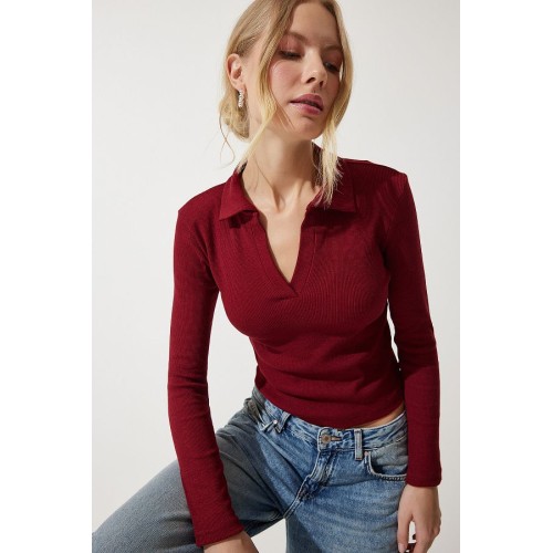 Women's Burgundy Polo Neck Corded Knitted Blouse