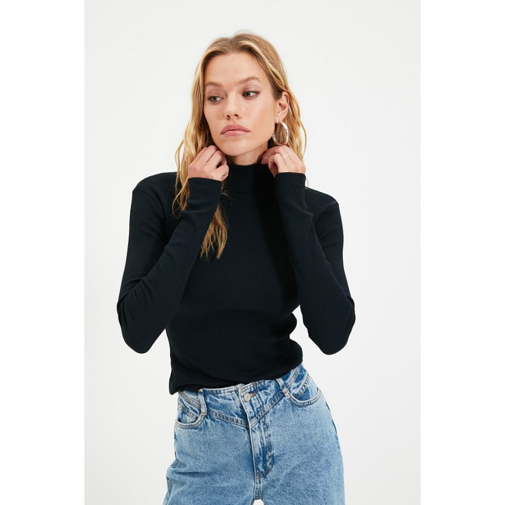 Fitted High Collar Long Sleeve Ribbed Stretchy Knitted Blouse