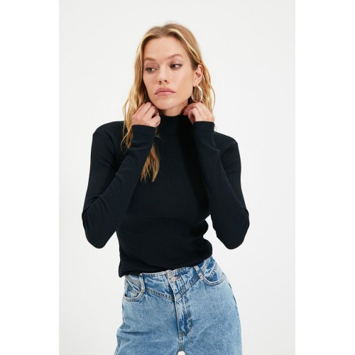 Fitted High Collar Long Sleeve Ribbed Stretchy Knitted Blouse