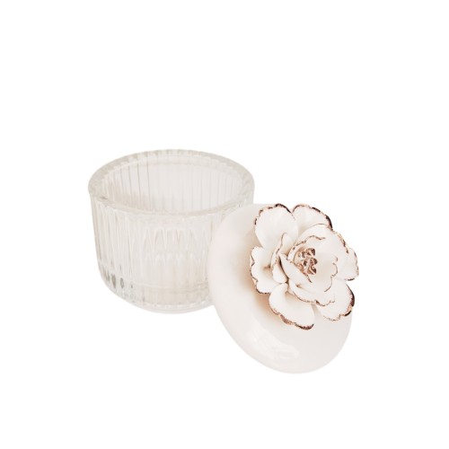 Elegant White Magnolia Flower Trinket Glass Jar with Ceramic Lid