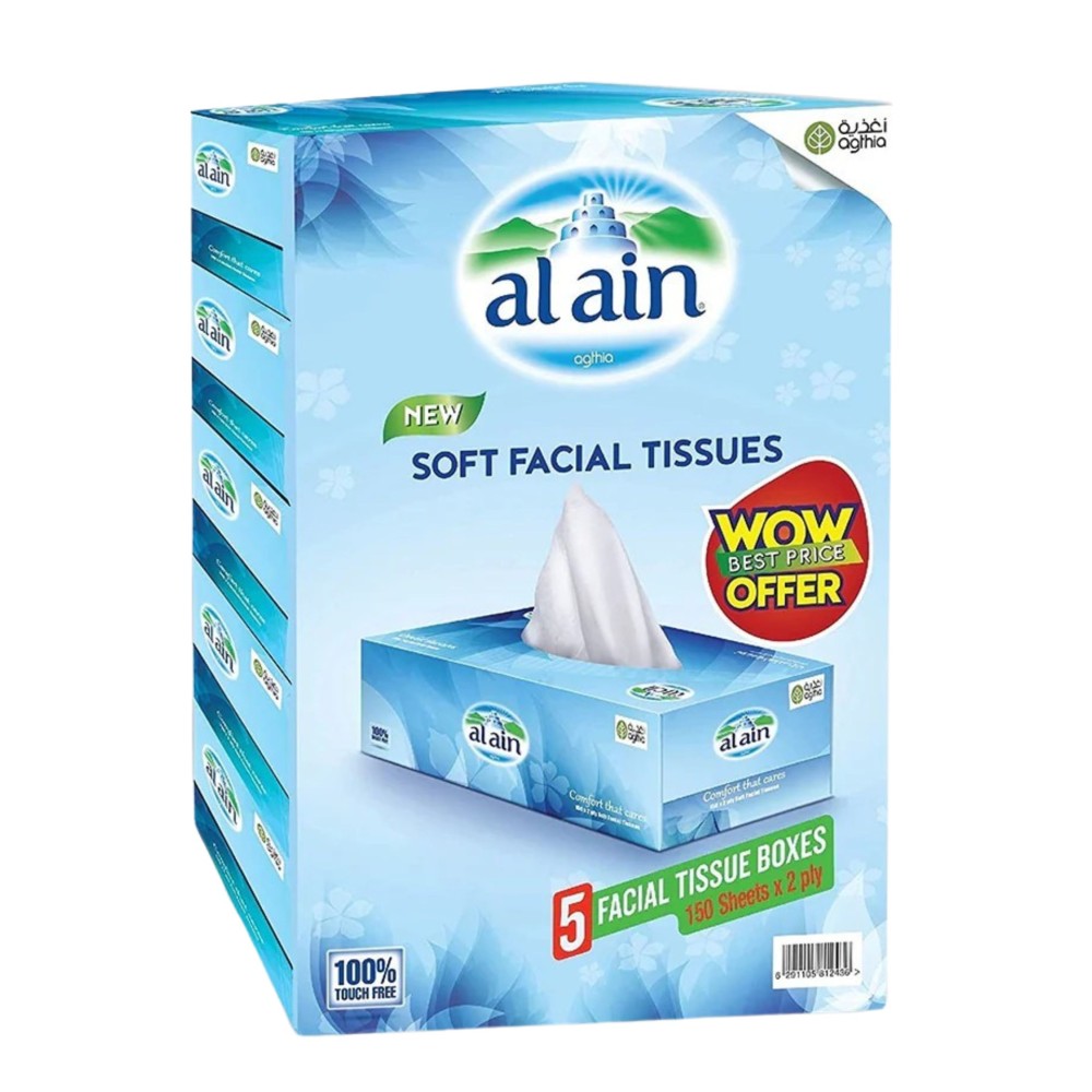 Al Ain Facial Tissues - Pack of 5 Boxes, 150 Sheets, 2-Ply Softness