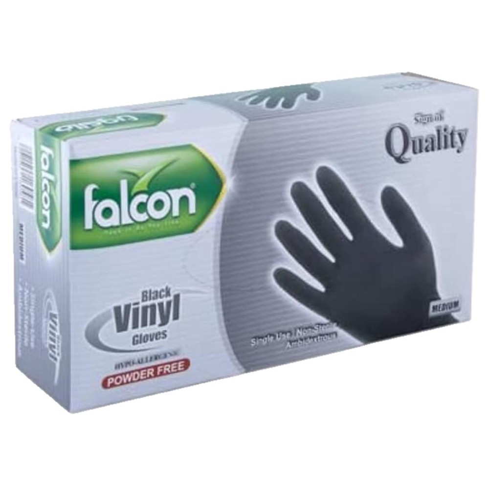 Falcon Black Vinyl Gloves - Medium, 100 Pieces