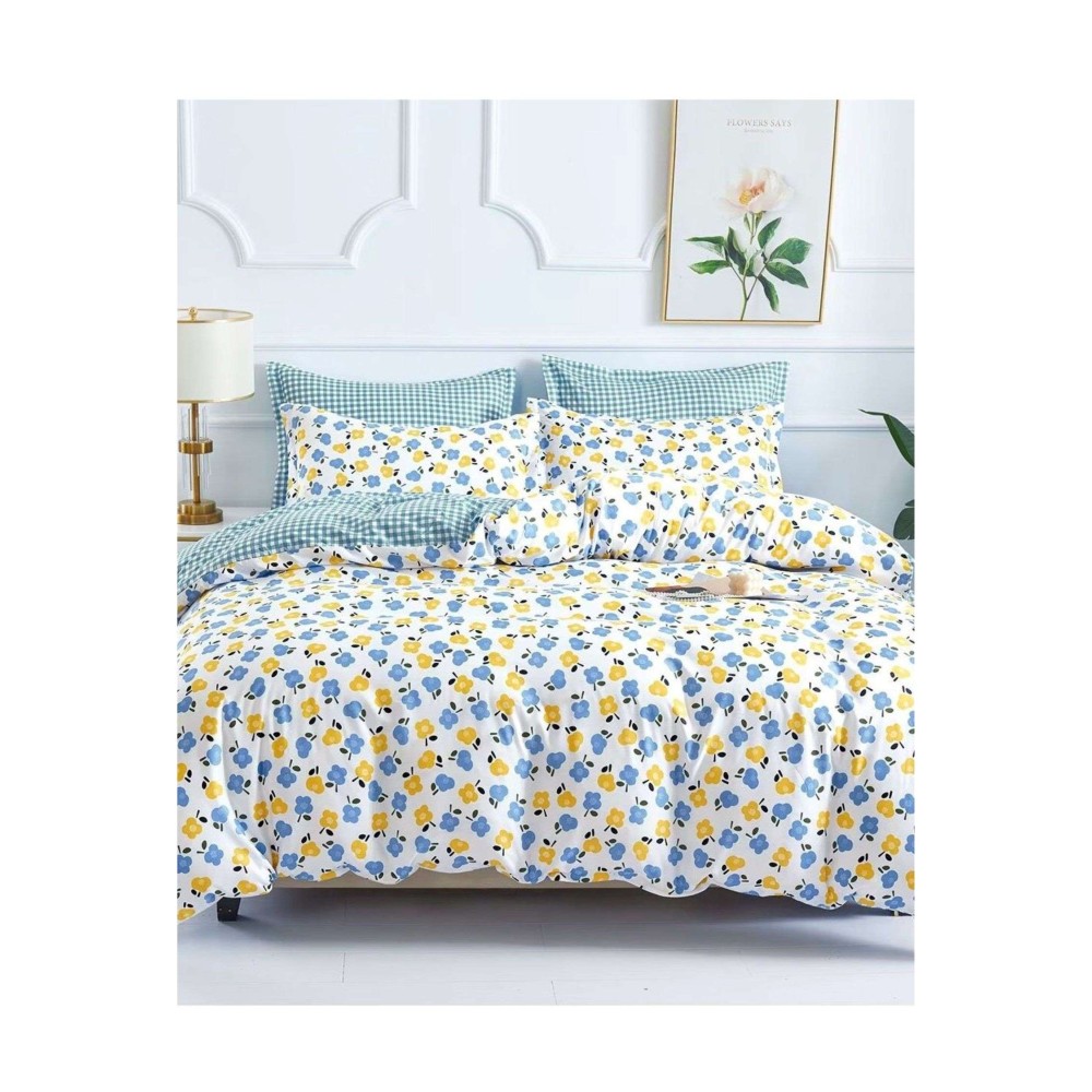 King Size Yellow & blue Floral Comforter 6pcs Set with Tufted Pillowcases