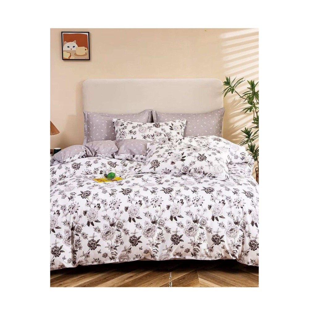 King Size Black, Gray & White Floral Comforter 6pcs Set with Tufted Pillowcases