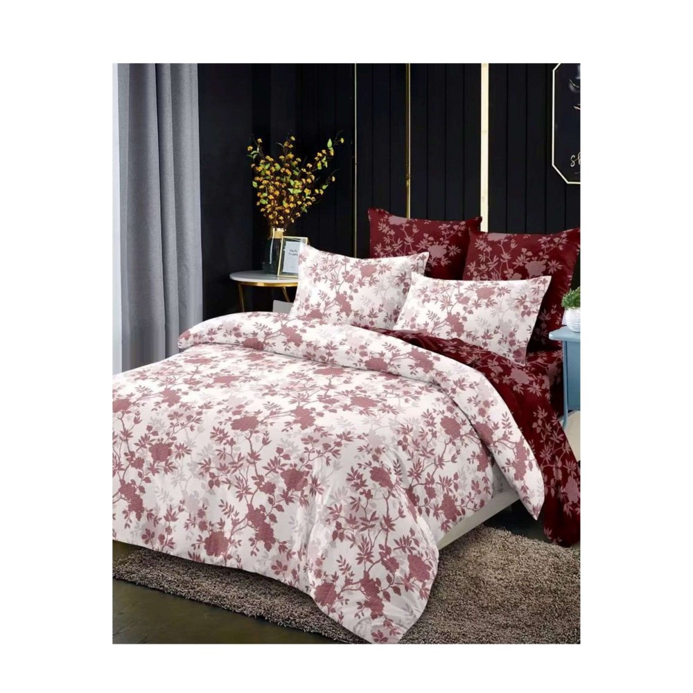 King Size Maroon & White Floral Branches Comforter Set - 6-Piece with Tufted Pillowcases