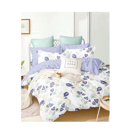 King Size Hawaiian Blue Floral Buds Comforter Set - 6pcs Bedding with Tufted Pillowcases