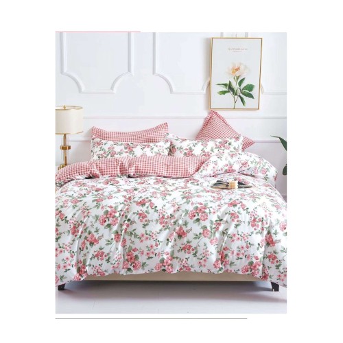 King Size Pink Floral with Leaves Comforter Set - 6pcs Bedding with Tufted Pillowcases