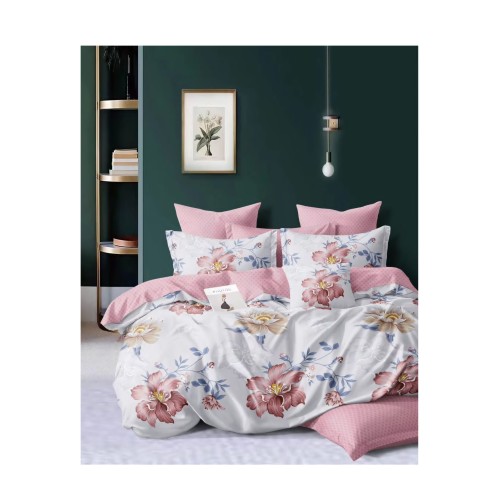 King Size Pink Large Hibiscus Floral Comforter Set - 6pcs Bedding with Tufted Pillowcase