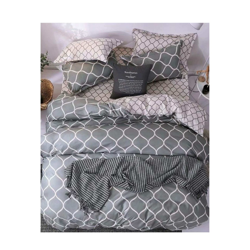 King Size Gray & White Wave Pattern Comforter Set - 6pcs Bedding with Tufted Pillowcases