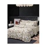 King Size Khaki Linen Floral Comforter Set - 6pcs Bedding with Tufted Pillowcases