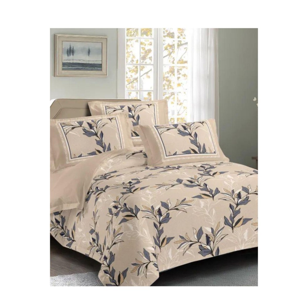 King Size Leaves Printed Peach Comforter Set - 6pcs Bedding with Tufted Pillowcases