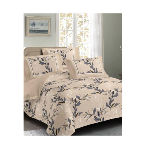 King Size Leaves Printed Peach Comforter Set - 6pcs Bedding with Tufted Pillowcases