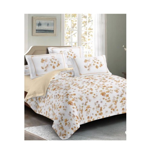 King Size Brown Maple Leaves Printed White Comforter Set - 6pcs Bedding with Tufted Pillowcases