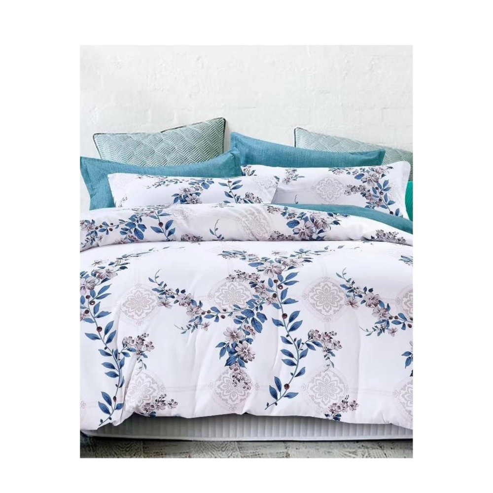 King Size White Comforter with Flower Vines & Blue Leaves - 6pcs Set with Tufted Pillowcases