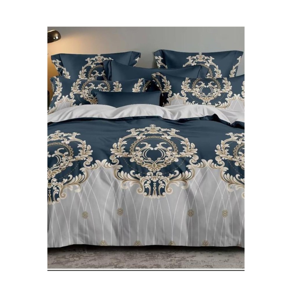 King Size Royal Prussian Blue & Gray Comforter Set - 6pcs Bedding with Tufted Pillowcases