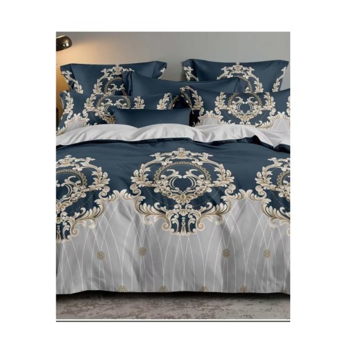 King Size Royal Prussian Blue & Gray Comforter Set - 6pcs Bedding with Tufted Pillowcases