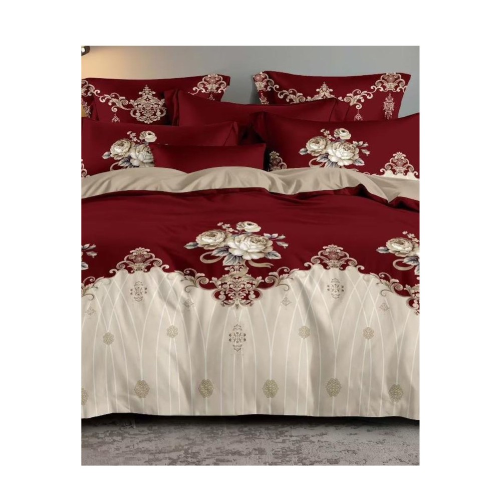 King Size Royal Maroon & Cream Comforter Set with Rose Bouquet Print - 6pcs