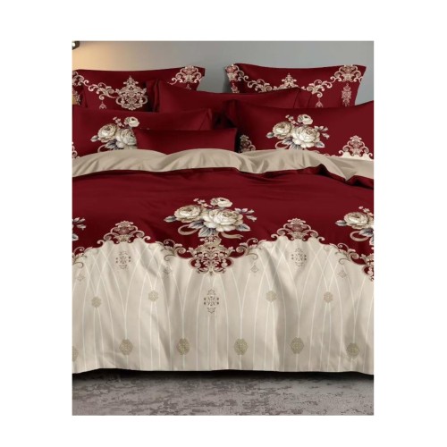 King Size Royal Maroon & Cream Comforter Set with Rose Bouquet Print - 6pcs