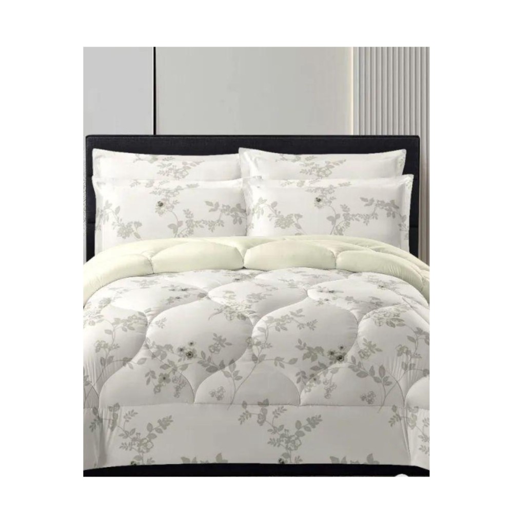 King Size Ivory Comforter Set with Flower Vines Print - 6pcs Bedding with Tufted Pillowcases