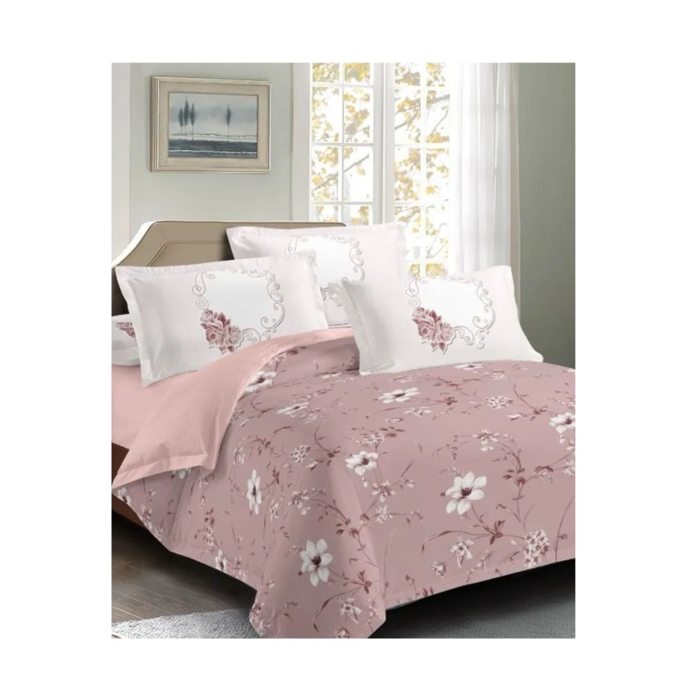 King Size White Comforter Set with Floral Print & Thulian Pink Accents - 6pcs Bedding with Tufted Pillowcases