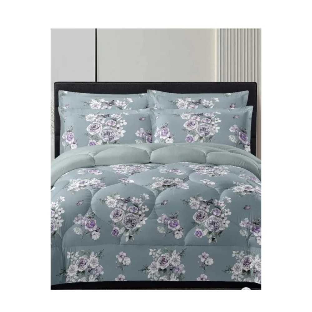 King Size White Rose Printed Spearmint Green Comforter Set - 6pcs Bedding with Tufted Pillowcases