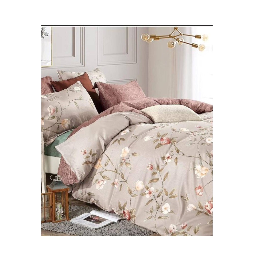 King Size Peach & Brown Floral Comforter Set with Flower Buds Print - 6pcs Bedding with Tufted Pillowcases