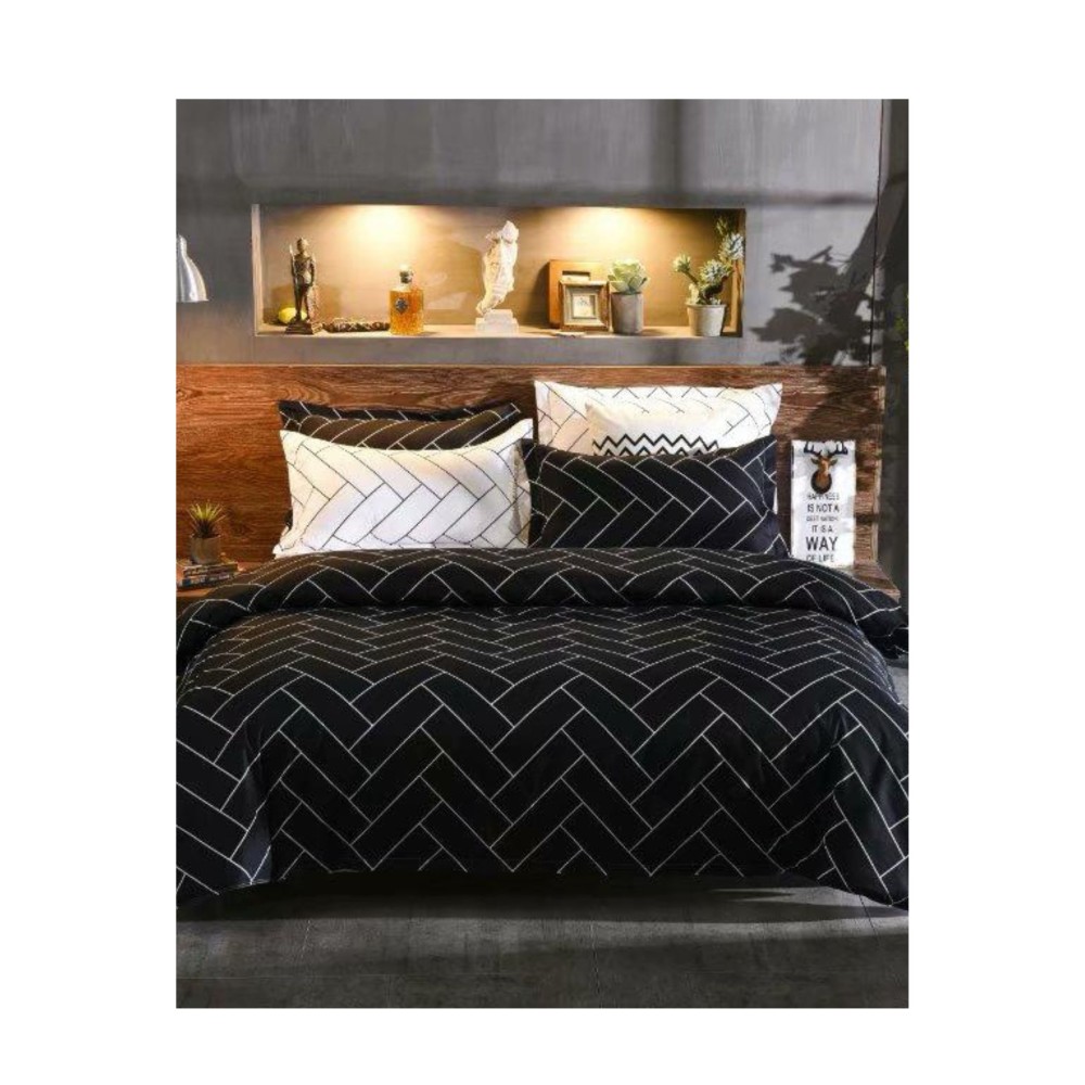 King Size Rectangle Lined Black & White Comforter Set - 6pcs Bedding with Tufted Pillowcases