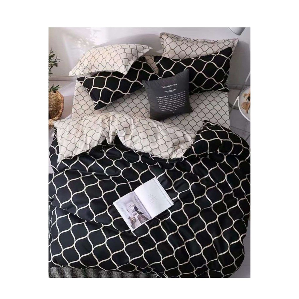 King Size Wave Pattern Printed Black & White Comforter Set - 6pcs Bedding with Tufted Pillowcases