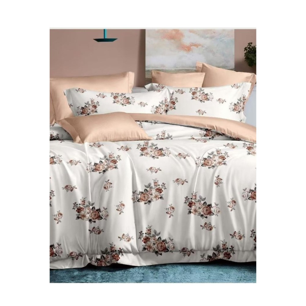 King Size Floral Printed Ivory Sepia Comforter Set - 6pcs Bedding with Tufted Pillowcases