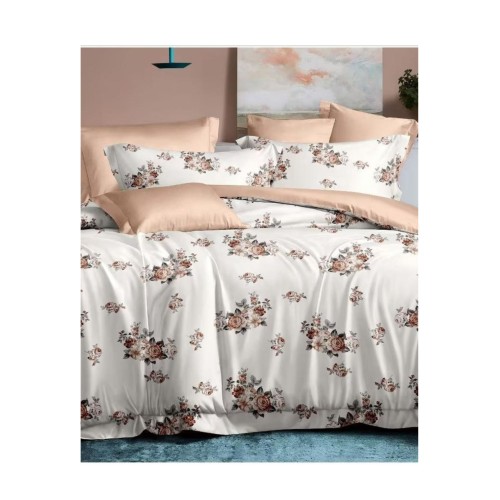 King Size Floral Printed Ivory Sepia Comforter Set - 6pcs Bedding with Tufted Pillowcases