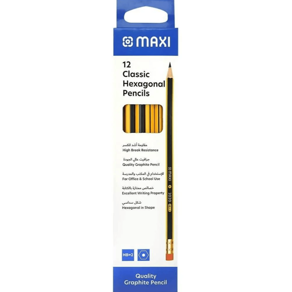 MAXI Classic Hexagonal Graphite Pencil HB With Rubber Tip Pack Of 12