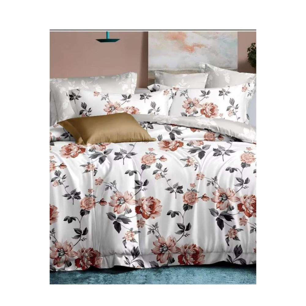 King Size Floral Printed Icy White & Silver Comforter Set - 6pcs Bedding with Tufted Pillowcases