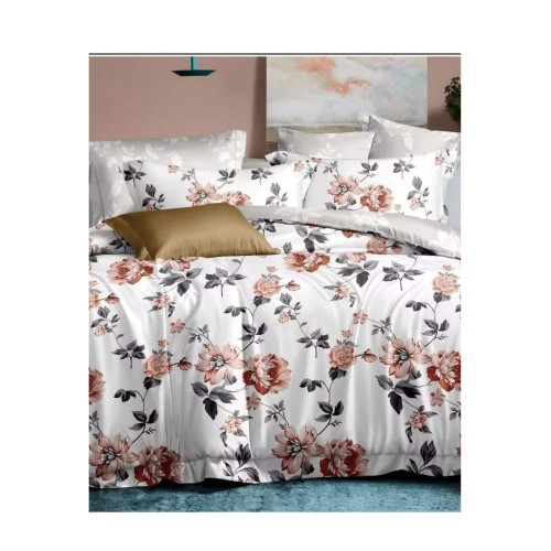 King Size Floral Printed Icy White & Silver Comforter Set - 6pcs Bedding with Tufted Pillowcases