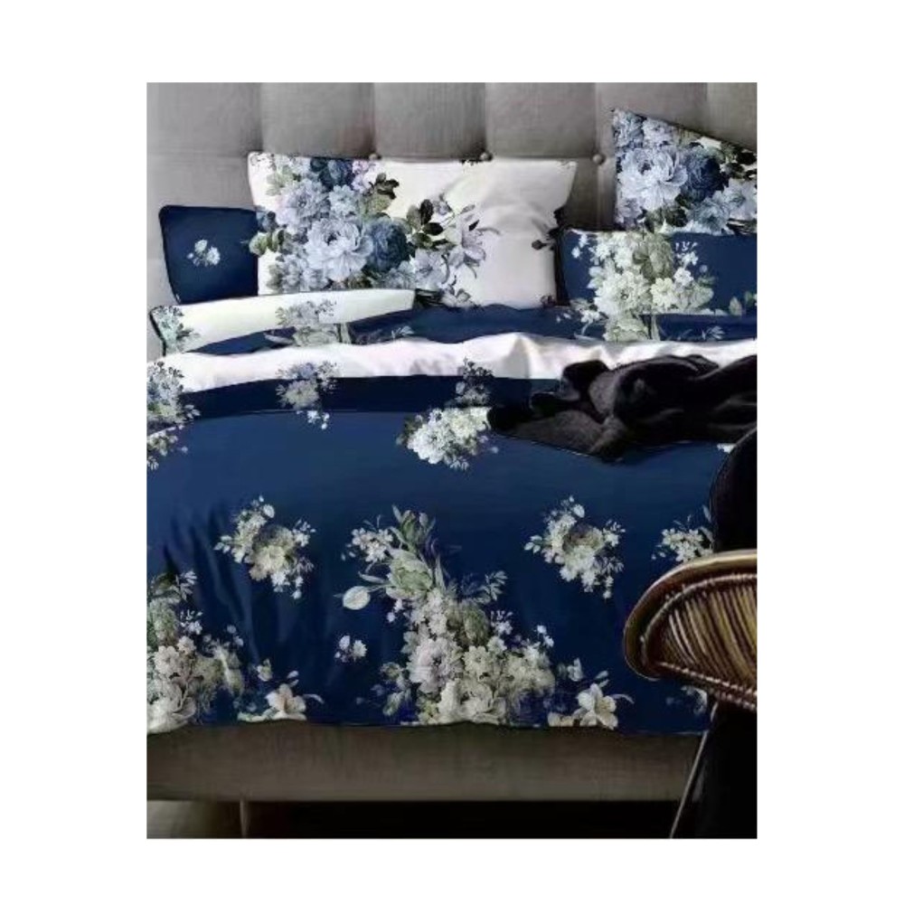 King Size Space Blue & White Floral Comforter Set - 6pcs Bedding with Tufted Pillowcases