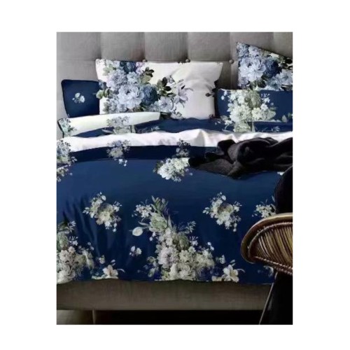 King Size Space Blue & White Floral Comforter Set - 6pcs Bedding with Tufted Pillowcases