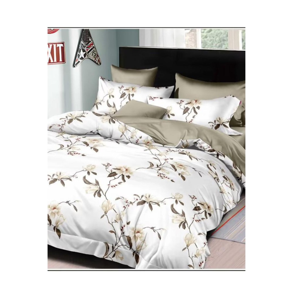 King Size Flower Vines Printed Ivory & Moss Green Comforter Set - 6pcs Bedding with Tufted Pillowcases