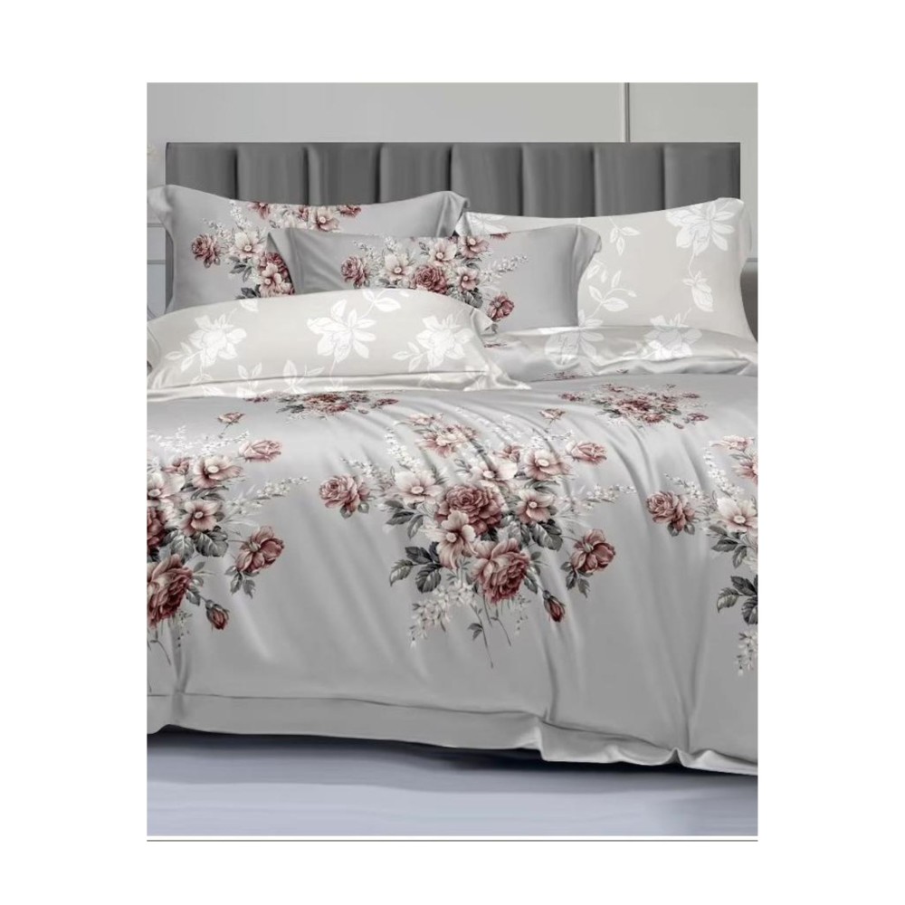 King Size Silver Comforter Set with Light Red Flower Bunches - 6pcs Bedding with Tufted Pillowcases