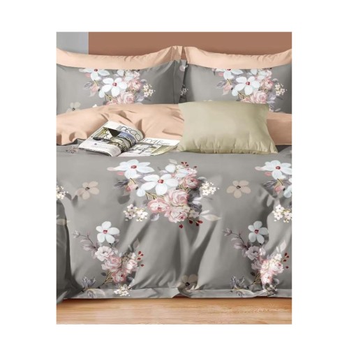 King Size Gray & Peach Comforter Set with Forget-Me-Not and Rose Floral - 6pcs