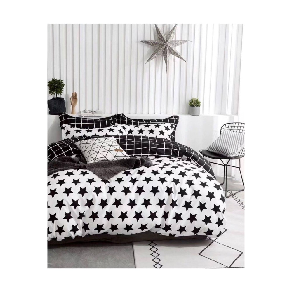 King Size Black & White Comforter Set with Black Star Print - 6pcs Bedding with Tufted Pillowcases