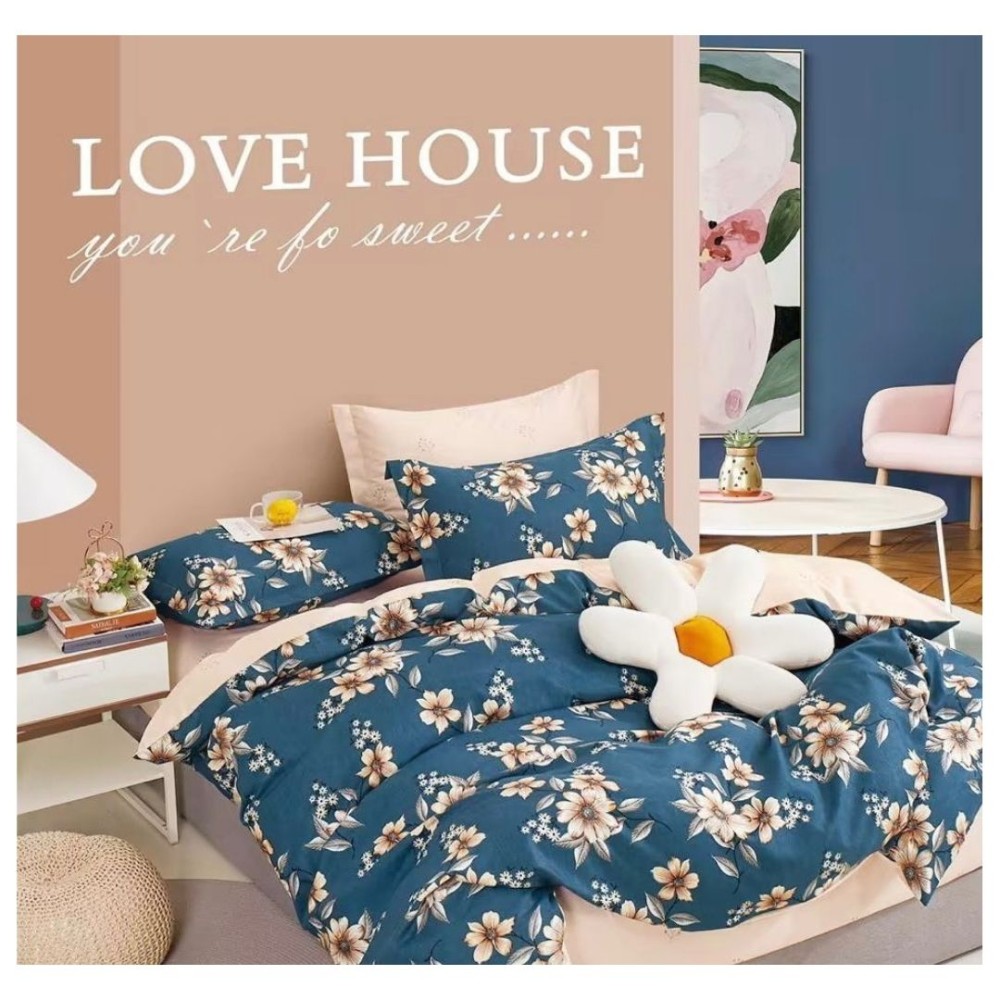 King Size Prussian Blue Comforter Set with Daisy Floral Print - 6pcs Bedding with Tufted Pillowcases