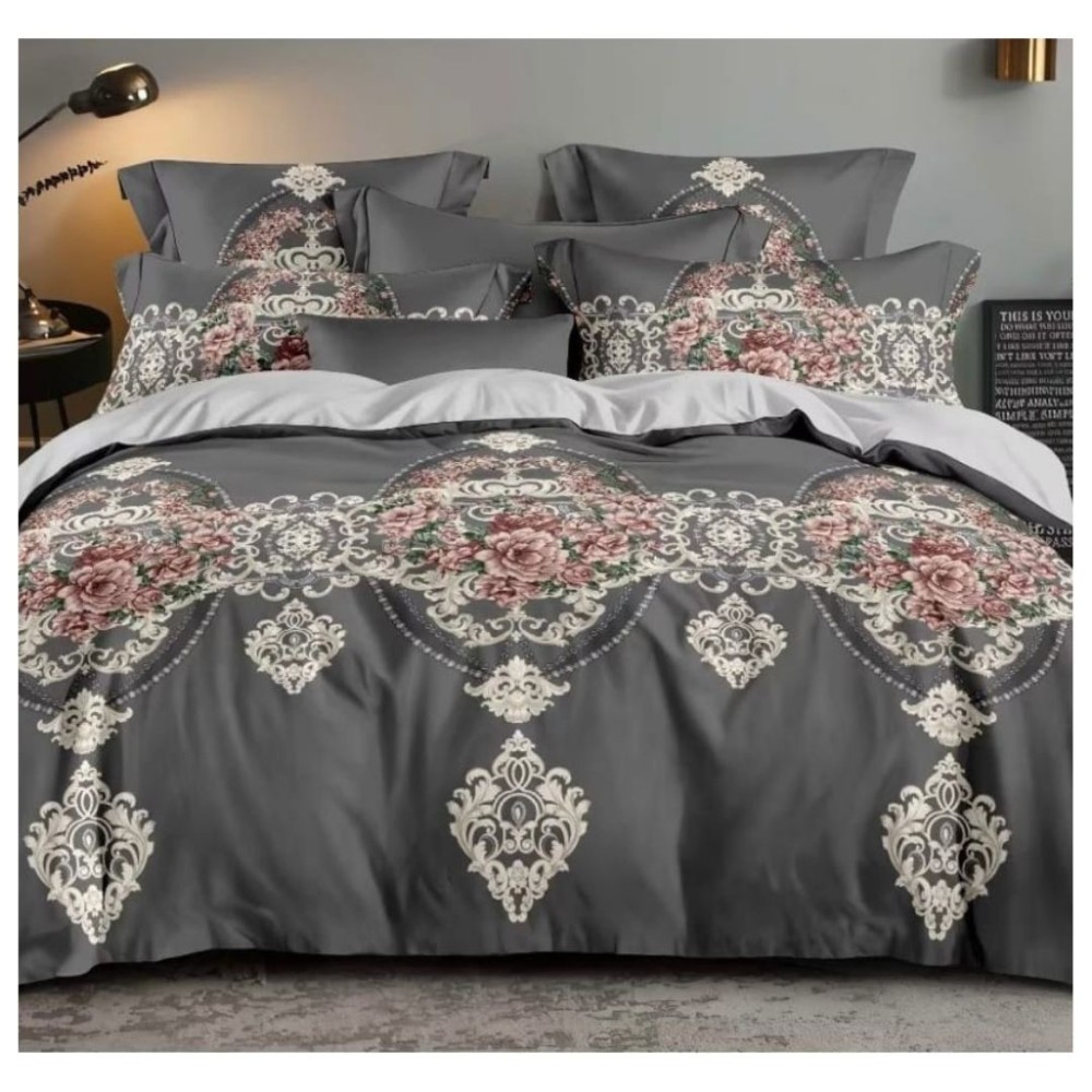 King Size Royal Styled Rose Floral Comforter Set - Shadow Gray - 6pcs with Tufted Pillowcases