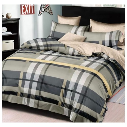 King Size Square Print Comforter Set - White, Black & Yellow on Artichoke Green - 6pcs with Tufted Pillowcases