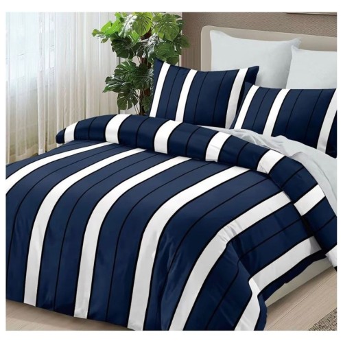 King Size Denim Blue & White Line Print Comforter Set - 6pcs with Tufted Pillowcases