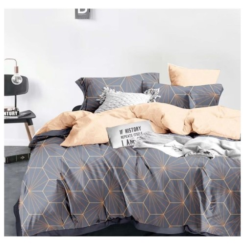 King Size Steel Hexagon Print Gray & Peach Comforter Set - 6pcs with Tufted Pillowcases