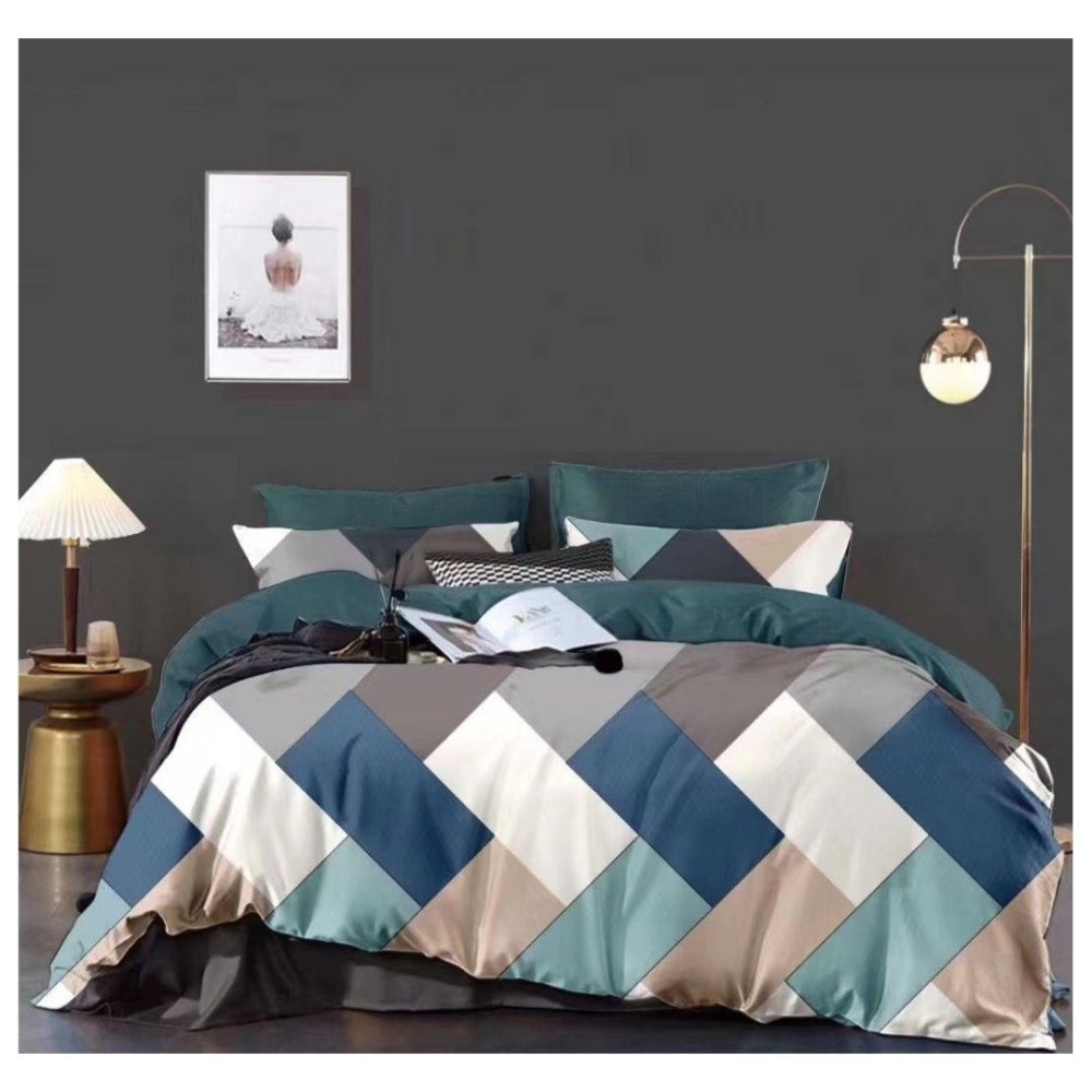 King Size 4 Colors V-Shaped Rectangle Print Comforter Set - 6pcs with Tufted Pillowcases